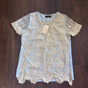 Elegant Lace Overlay Blue Top